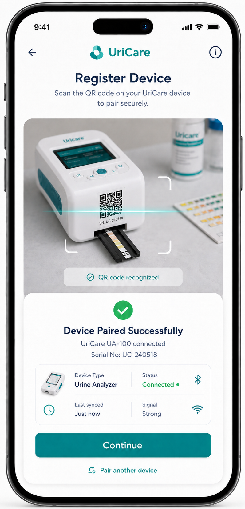 UriCare QR-based device registration and connected analyzer setup screen