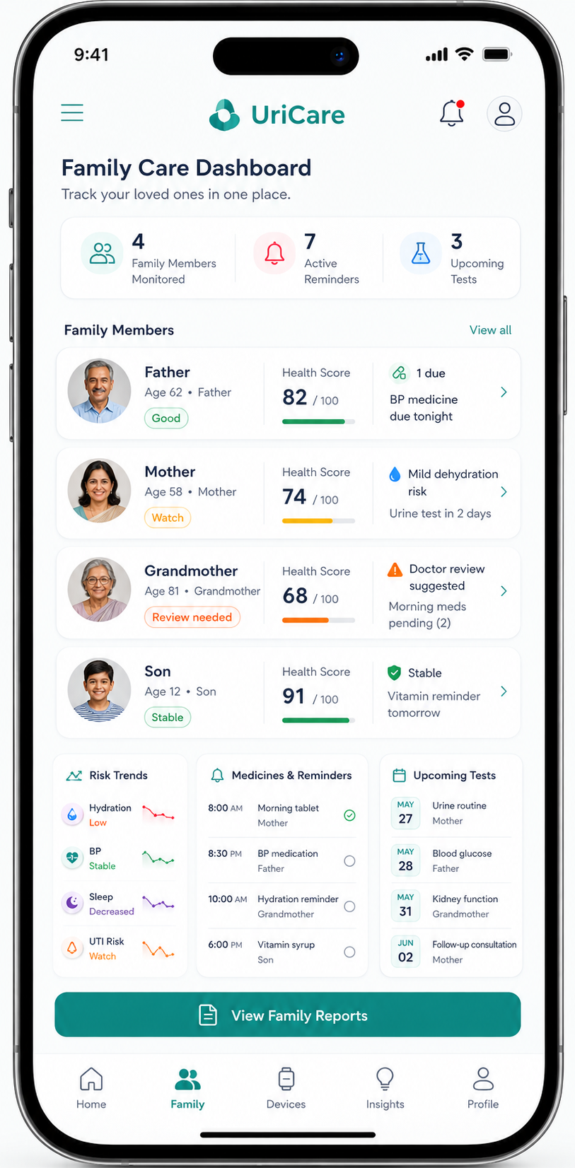UriCare family care dashboard with caregiver health summaries