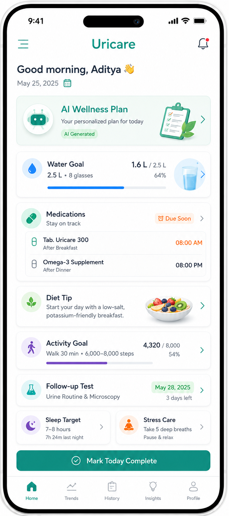 UriCare medicine and wellness reminder plan